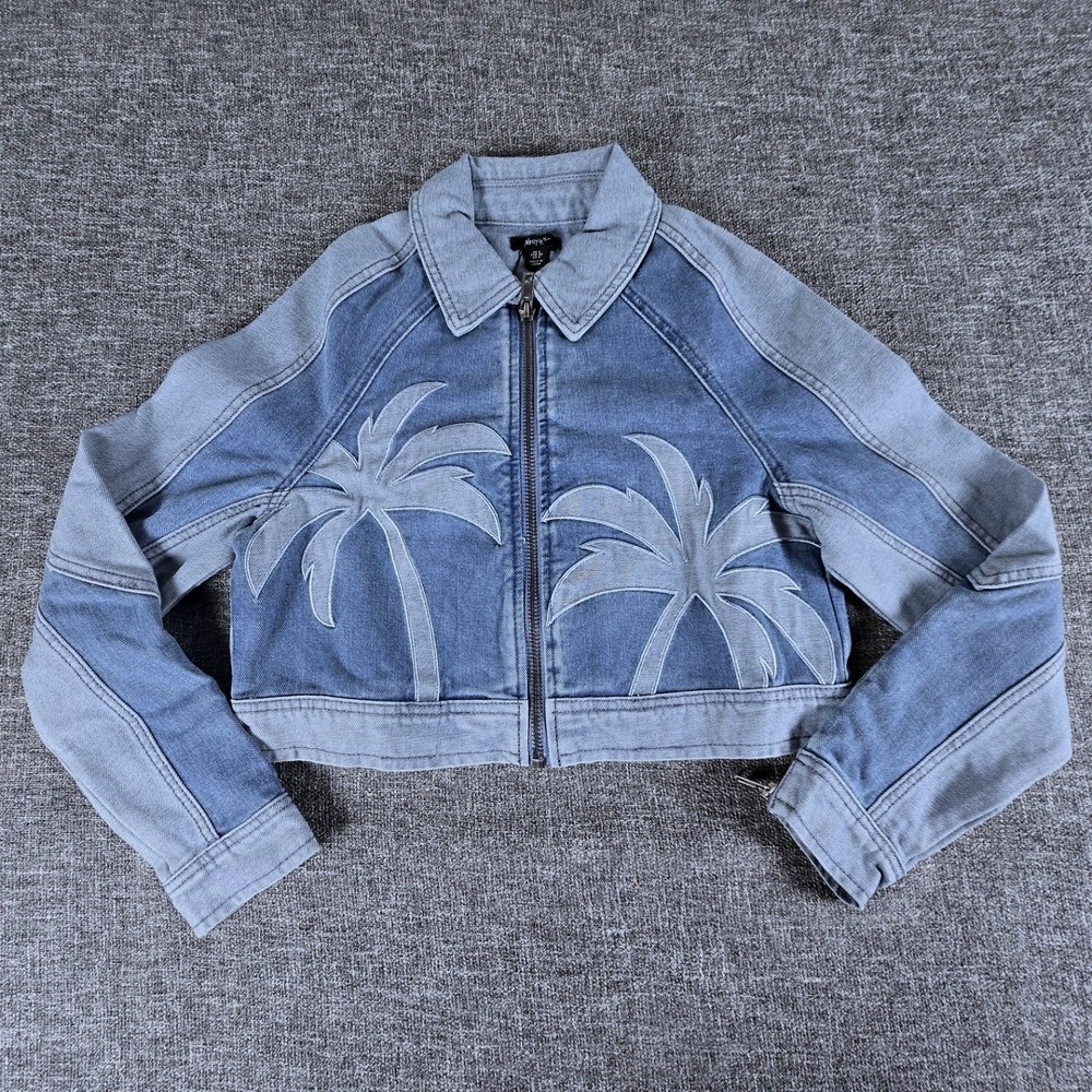 NWT Nasty Gal Palm Cutwork Crop Denim Jacket Women's Size 0 Embroidered Beach